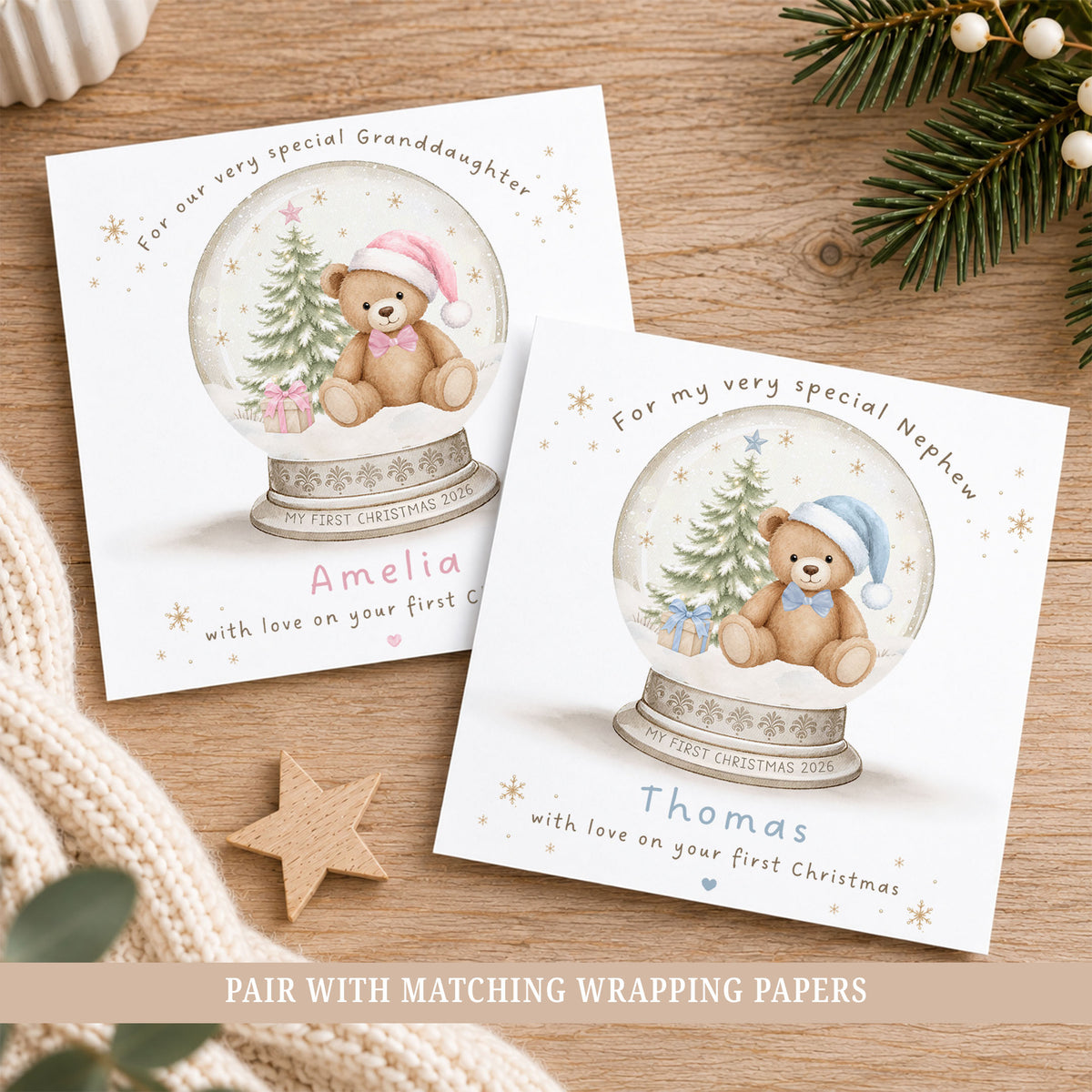 Personalised first Christmas card with teddy bear snow globe, Christmas tree and presents, available in pink or blue and personalised with any relation and child’s name.