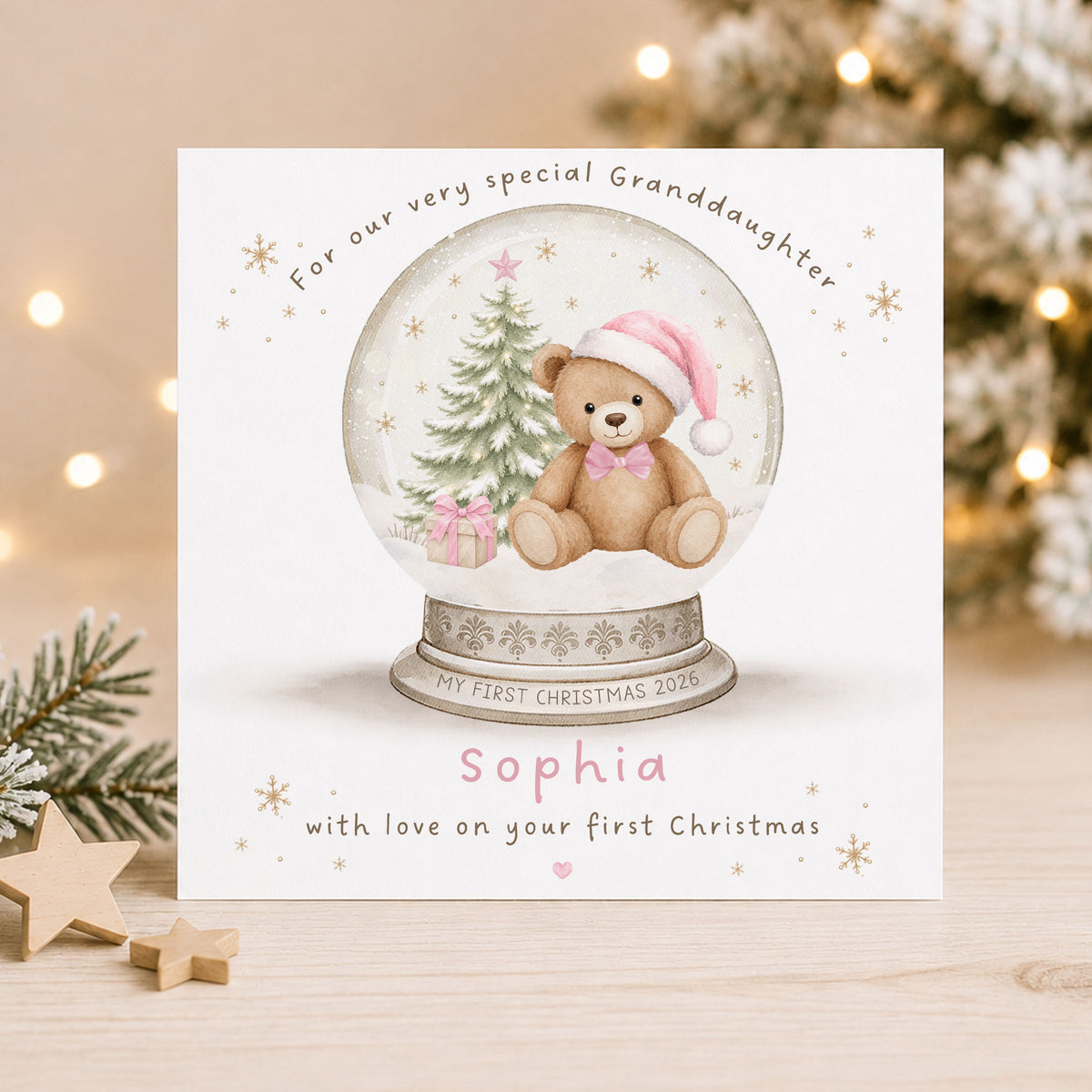 Personalised First Christmas Card – Teddy Bear Snow Globe