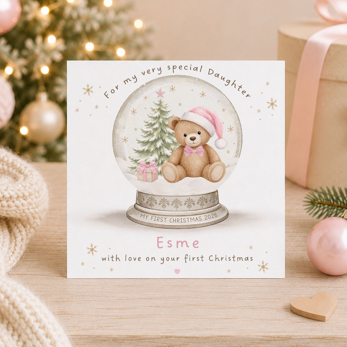 Personalised First Christmas Card – Teddy Bear Snow Globe