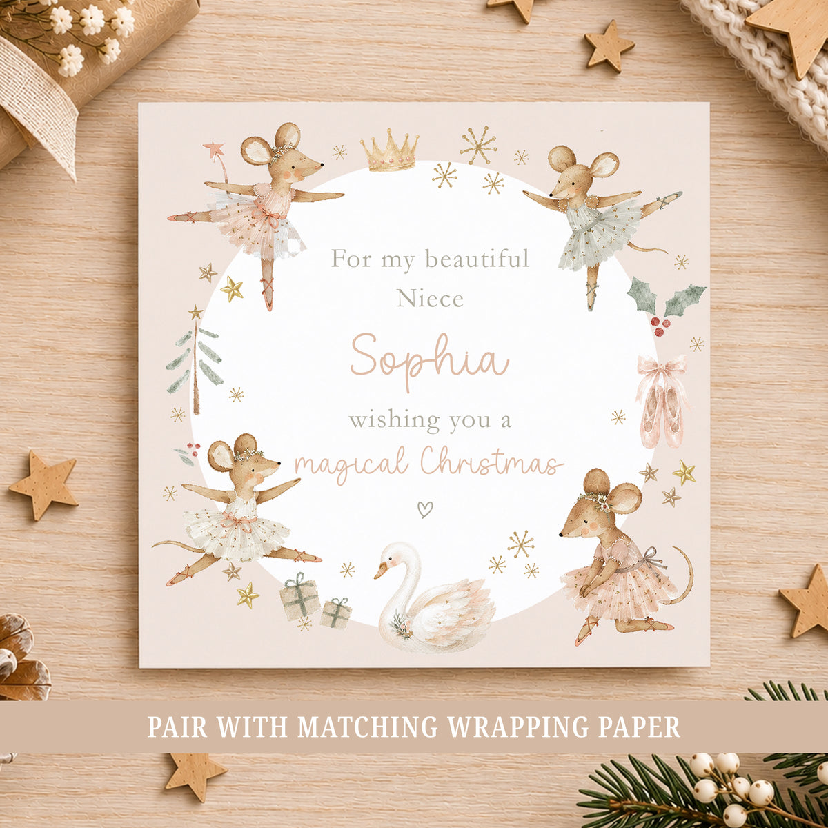 Personalised ballerina Christmas card for girls featuring dancing mice in pink ballet dresses, ballet shoes, swan, stars and Christmas details, personalised with any relation and name.