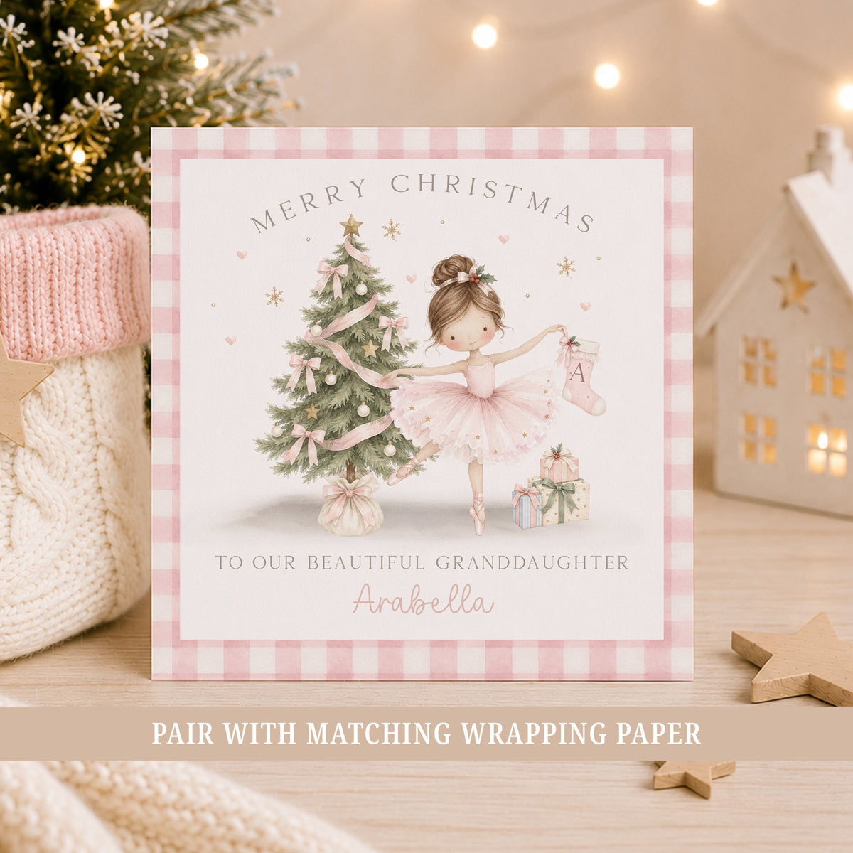 Personalised Granddaughter Christmas card featuring a pink ballerina beside a decorated Christmas tree, with personalised relation and name.