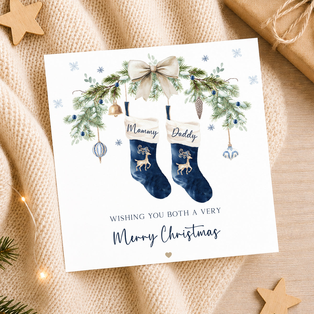 Personalised Mum & Dad Christmas Card – Navy Stockings