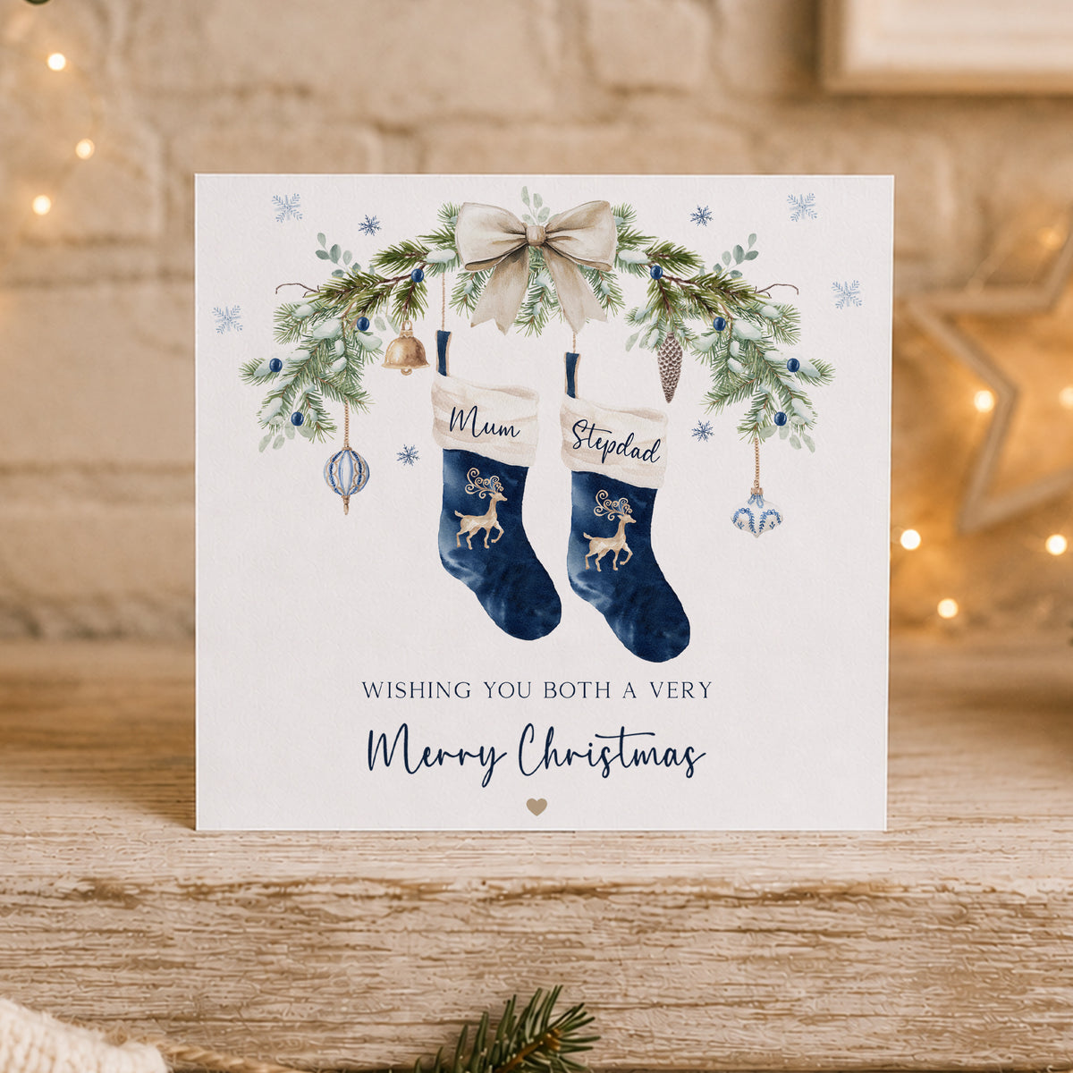 Personalised Mum & Dad Christmas Card – Navy Stockings