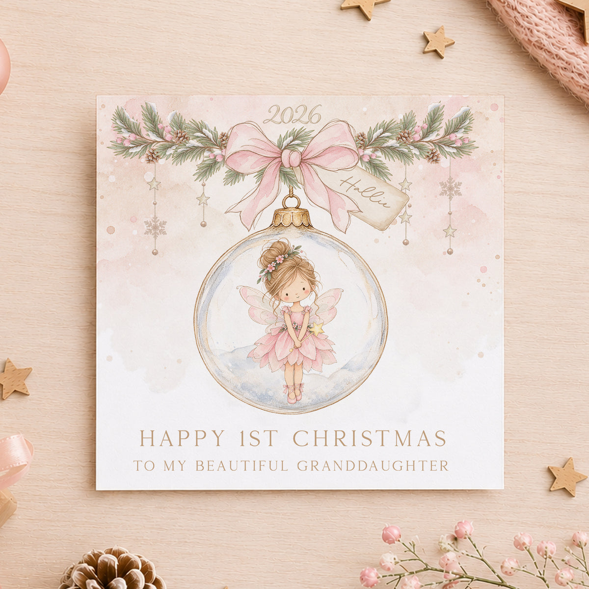 Personalised Daughter First Christmas Card – Pink Fairy