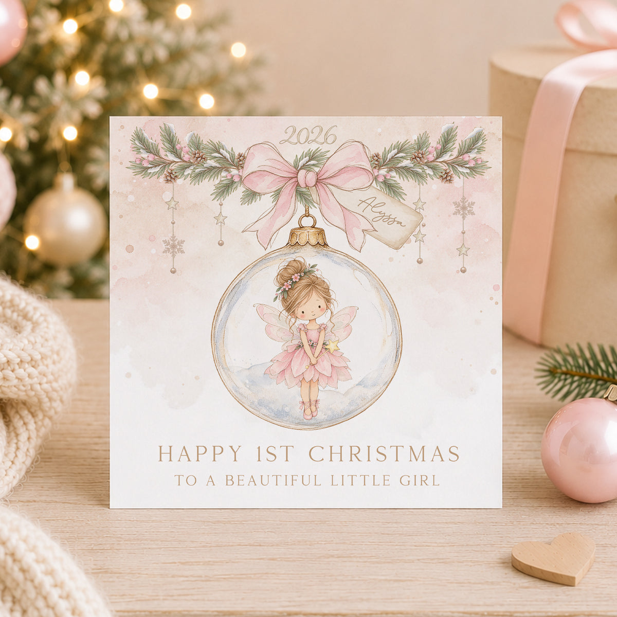 Personalised Daughter First Christmas Card – Pink Fairy