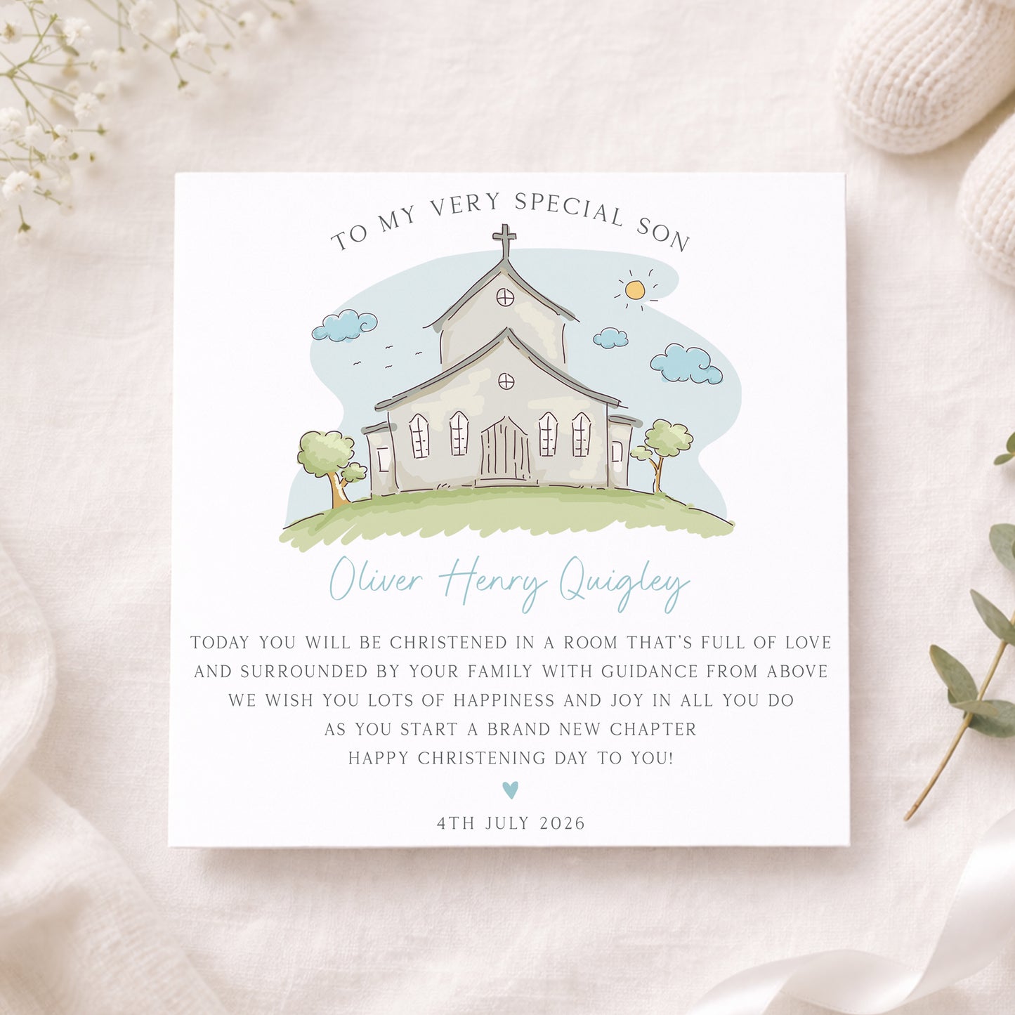 Personalised Boys Christening, Baptism, Dedication Card - Blue Church
