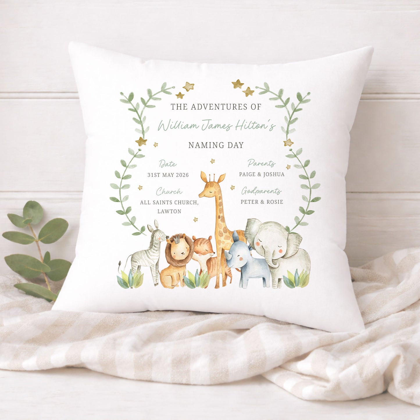 Personalised Safari Animals Christening Baptism Cushion