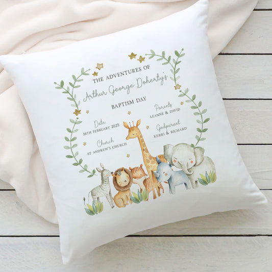 Personalised Safari Animals Cushion, Christening Gift, Baptism Gift for Boys and Girls