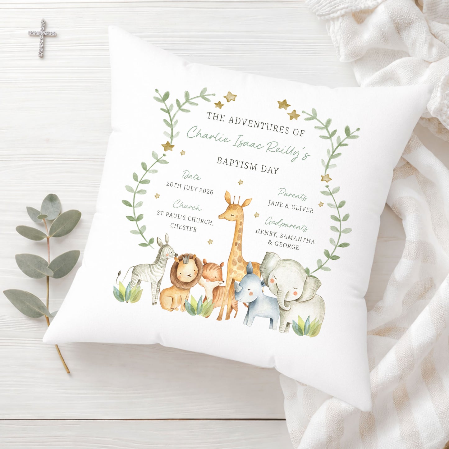 Personalised Safari Animals Christening Baptism Cushion