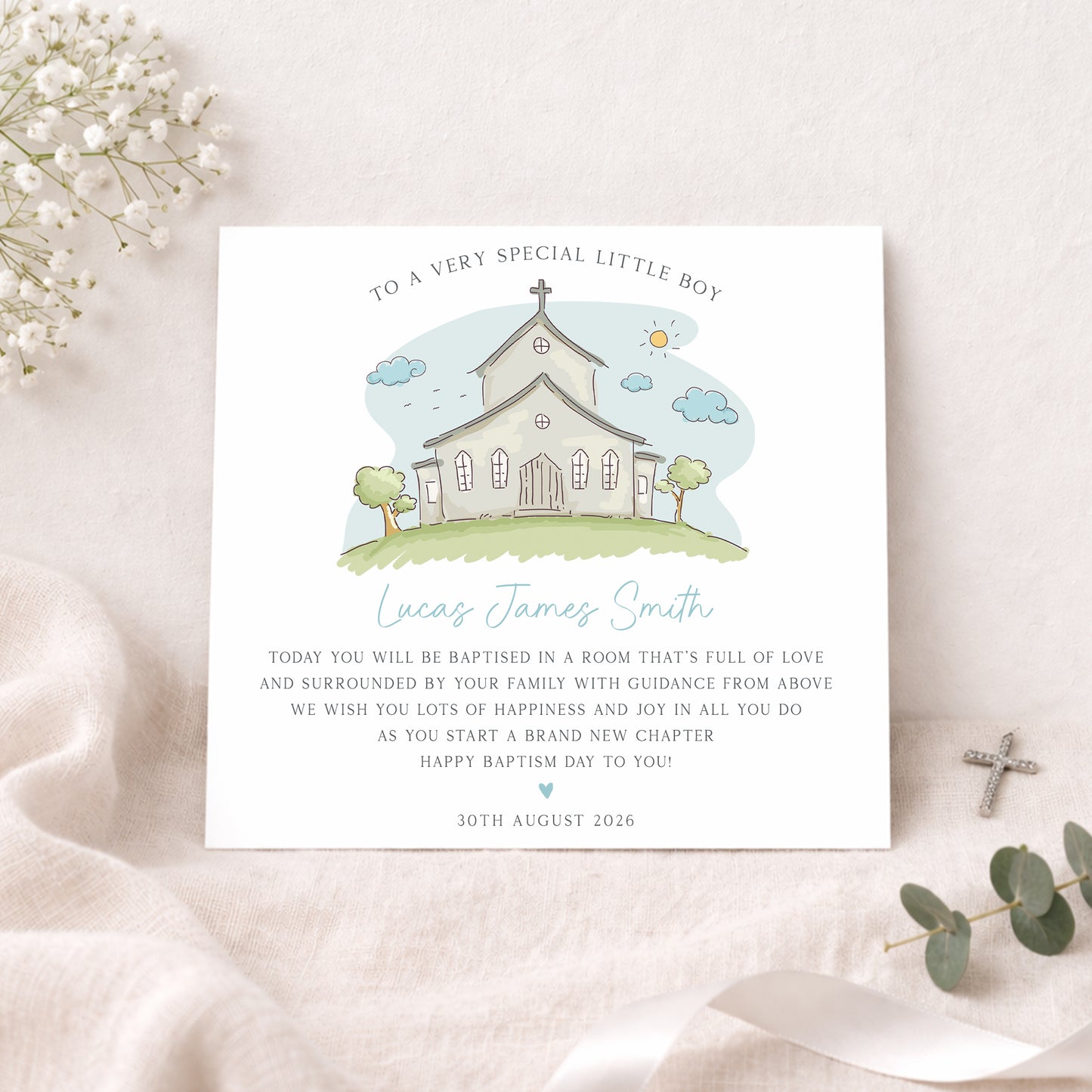 Personalised Boys Christening, Baptism, Dedication Card - Blue Church
