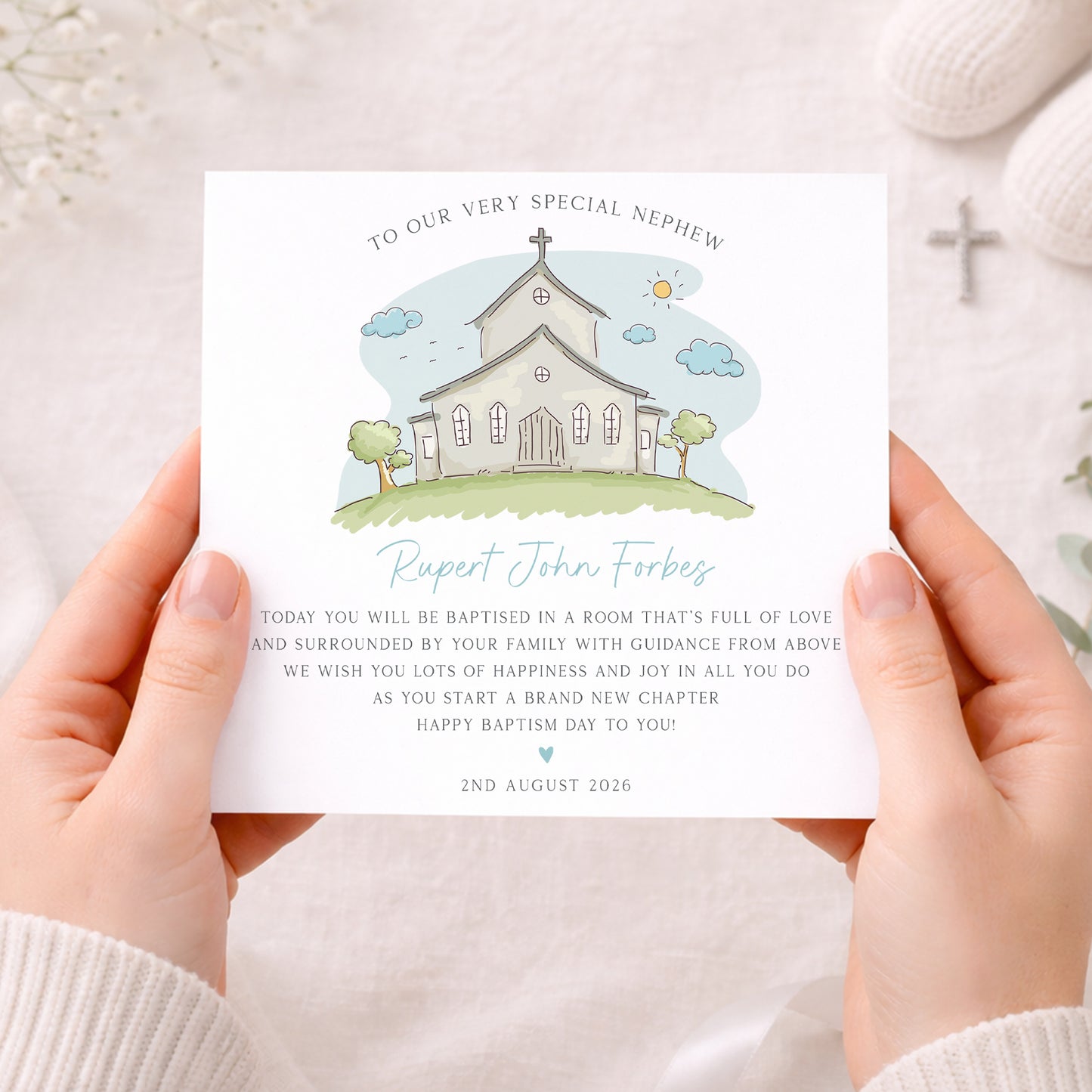 Personalised Boys Christening, Baptism, Dedication Card - Blue Church
