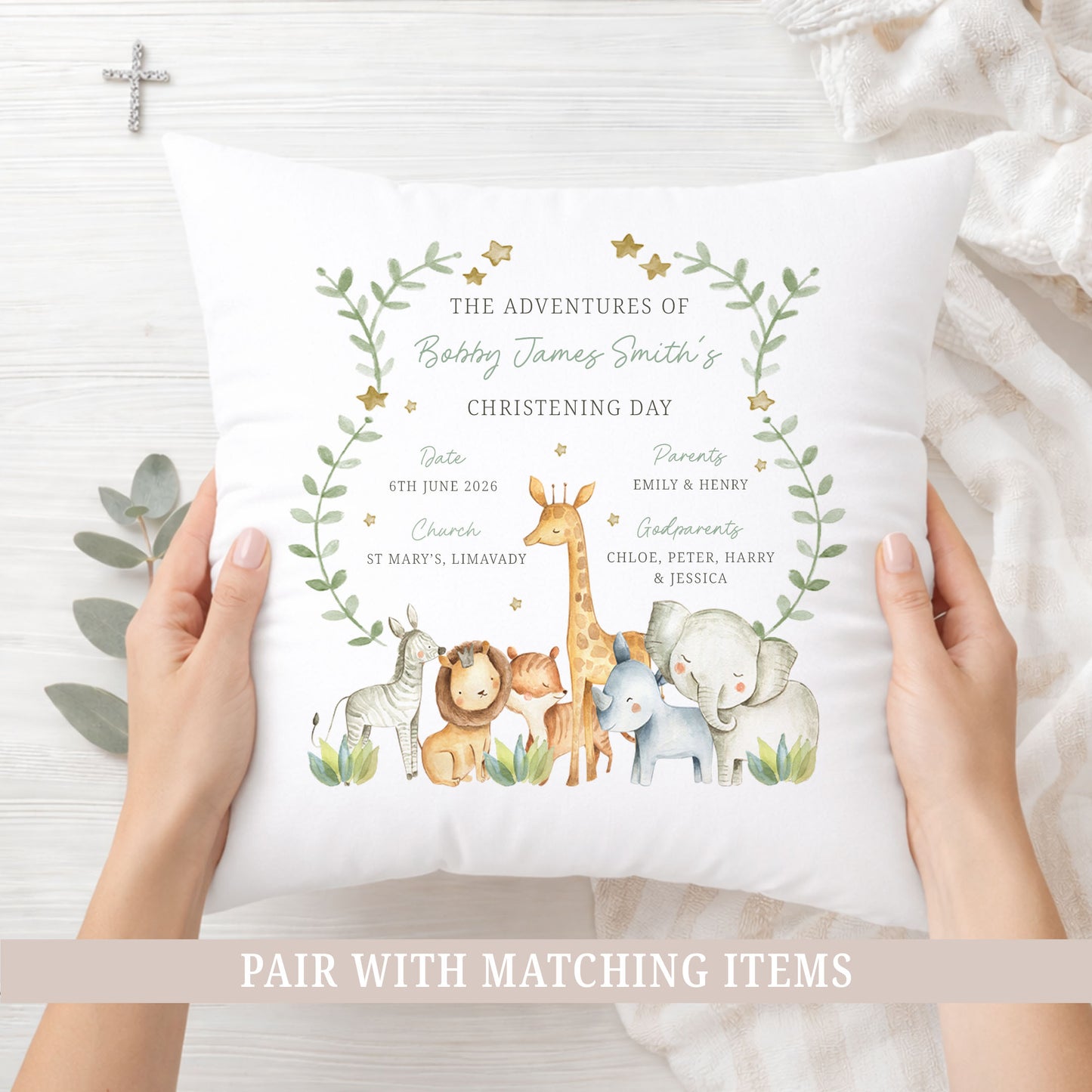 Personalised Safari Animals Christening Baptism Cushion