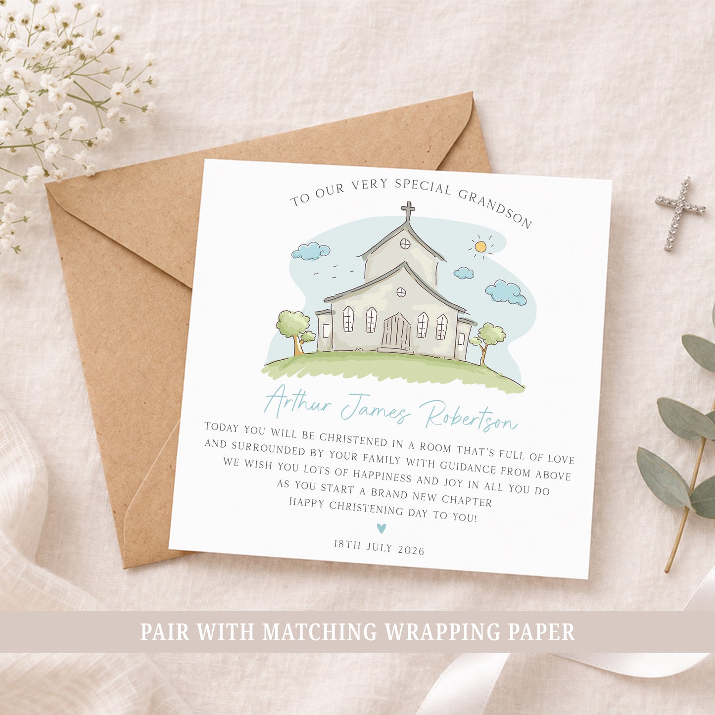Personalised Boys Christening, Baptism, Dedication Card - Blue Church