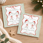 Personalised Christmas card for couples featuring two champagne glasses wearing red Santa hats, decorated with red ribbon bows, a red scalloped frame and sage green striped background. Customised with two names and relation wording, suitable for Son and Daughter-in-Law, Daughter and Boyfriend, Auntie and Uncle, friends or another special couple.