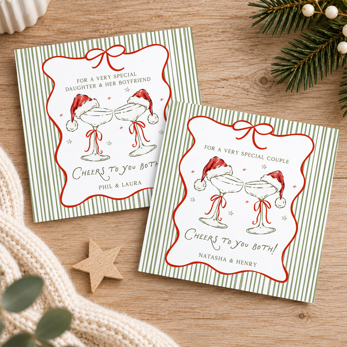 Personalised Christmas card for couples featuring two champagne glasses wearing red Santa hats, decorated with red ribbon bows, a red scalloped frame and sage green striped background. Customised with two names and relation wording, suitable for Son and Daughter-in-Law, Daughter and Boyfriend, Auntie and Uncle, friends or another special couple.