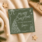 Personalised green Christmas card featuring white hand-drawn Christmas tree, bows, hanging baubles and wrapped present illustrations. Finished with Merry Christmas lettering and personalised with the recipient's name and relation. Examples shown for Daughter Amelia, Sister Grace and Niece Natasha.
