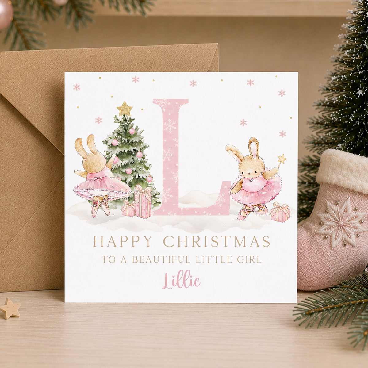 Personalised Pink Ballerina Bunny Christmas Card