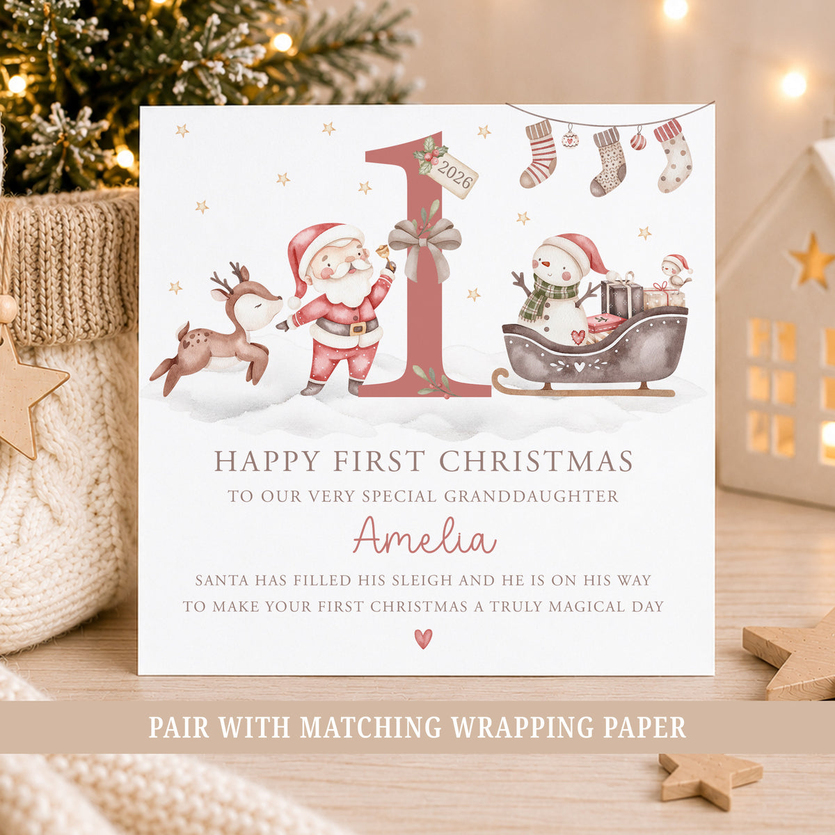 Personalised Baby's First Christmas card for a boy or girl, featuring a large number one with Santa Claus, a cute reindeer, snowman, Christmas sleigh, festive stockings and presents. This personalised 1st Christmas greeting card includes a special Christmas verse and can be customised with a child's name and relation, making it suitable for a Grandson, Granddaughter, Son, Daughter, Nephew, Niece, Godson or Goddaughter celebrating their very first Christmas.