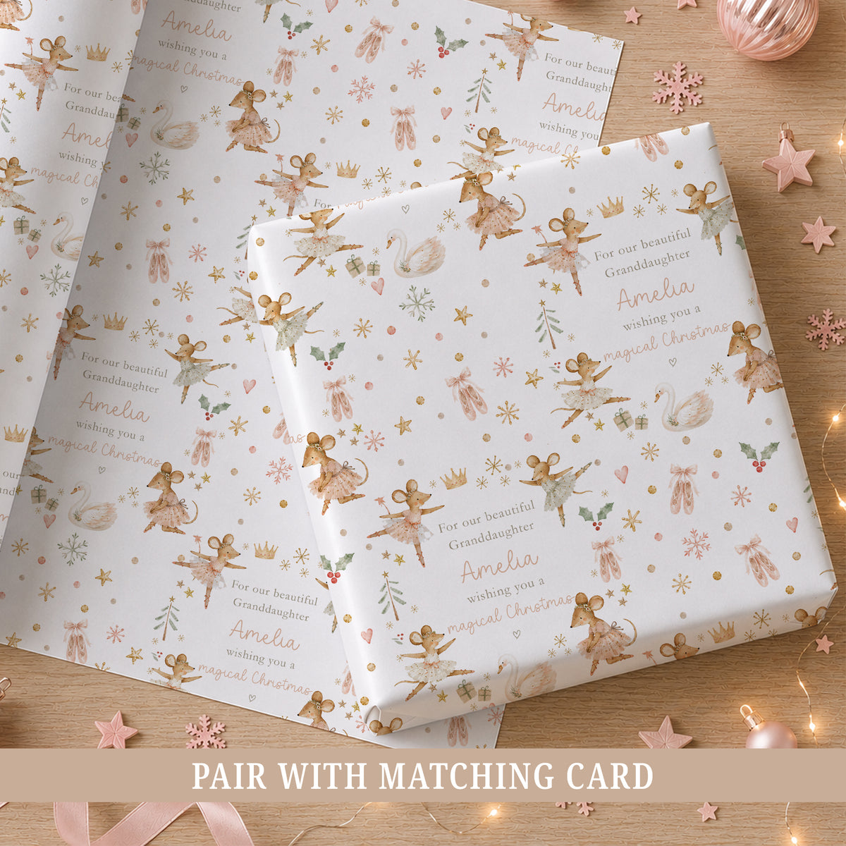 Personalised ballerina Christmas wrapping paper featuring dancing mice in pink ballet dresses, ballet shoes, swans, crowns, stars and festive details, personalised with the child’s relation and name.
5 tags: