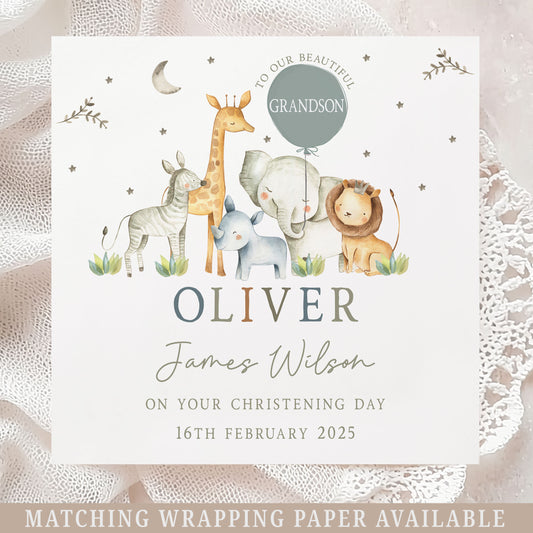 Personalised Safari Animal Christening Baptism Naming Day Card