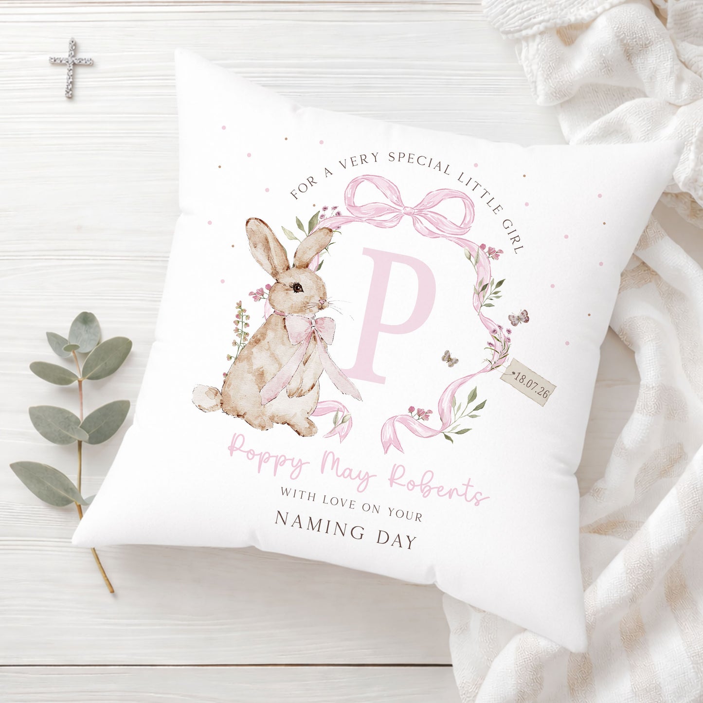 Personalised Pink Bunny Cushion Christening, Baptism, Naming Day Gift for Girls