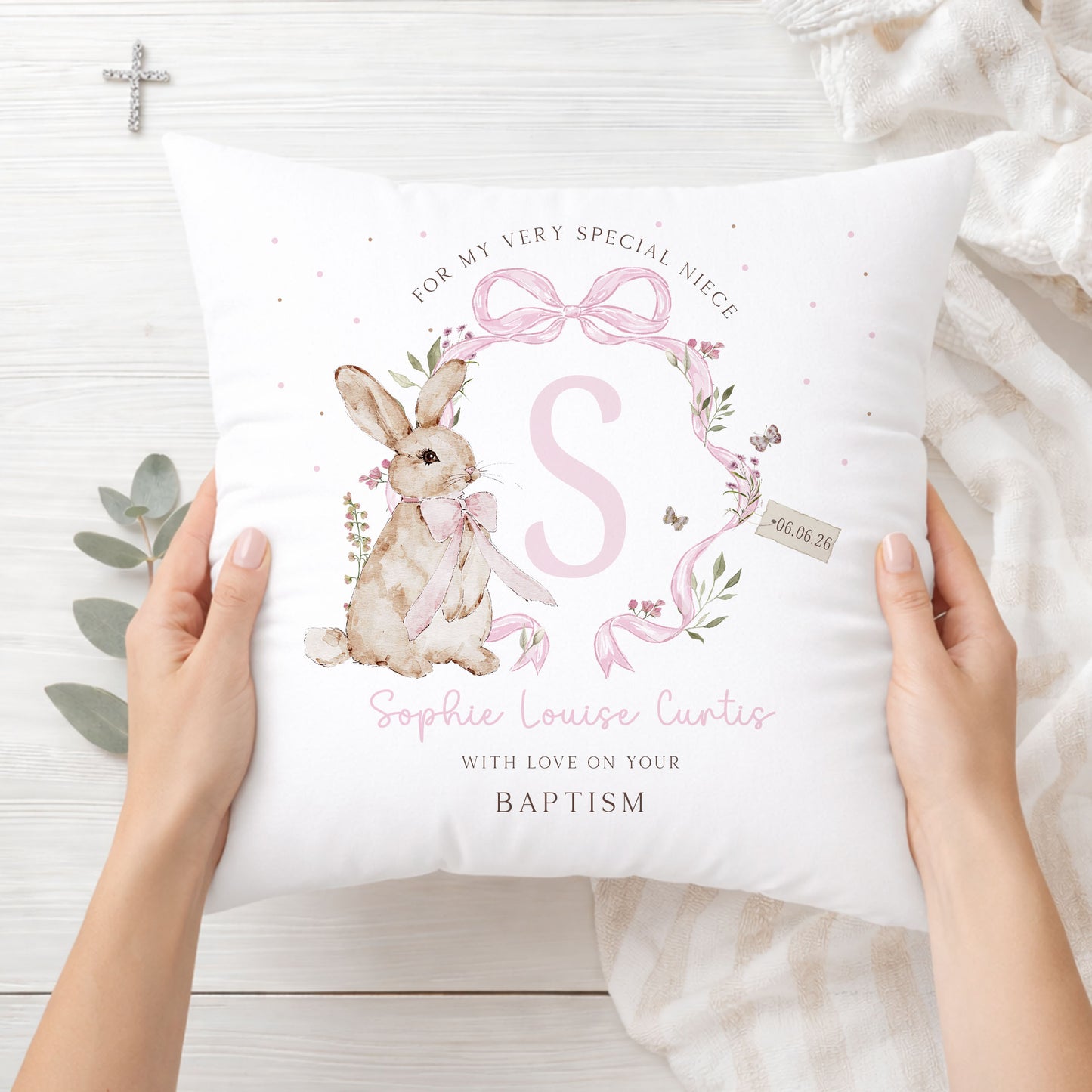 Personalised Pink Bunny Cushion Christening, Baptism, Naming Day Gift for Girls