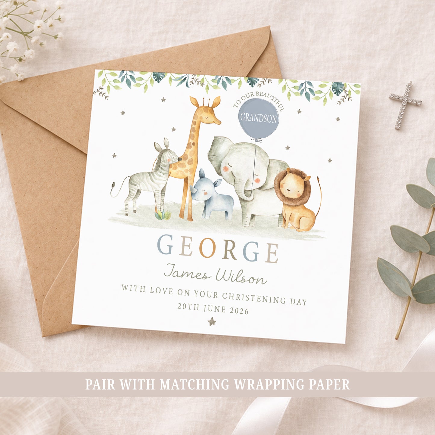 Personalised Safari Animal Christening Baptism Card