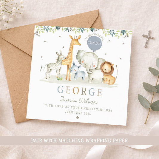 Personalised Safari Animal Christening Baptism Card
