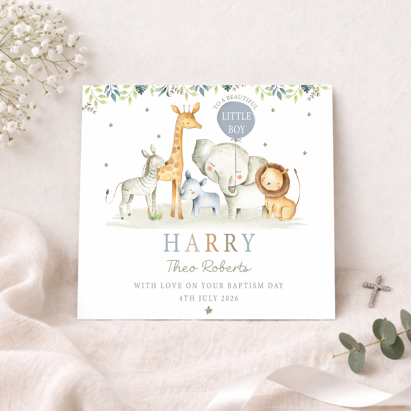 Personalised Safari Animal Christening Baptism Card