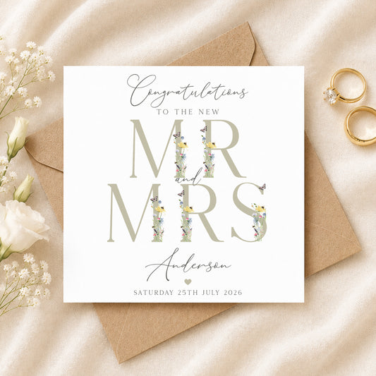 Personalised Mr & Mrs wedding card featuring floral typography, customised with the couple's surname and wedding date.