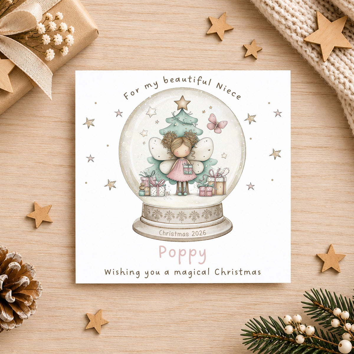 Personalised Fairy Christmas Wrapping Paper – Snow Globe Design