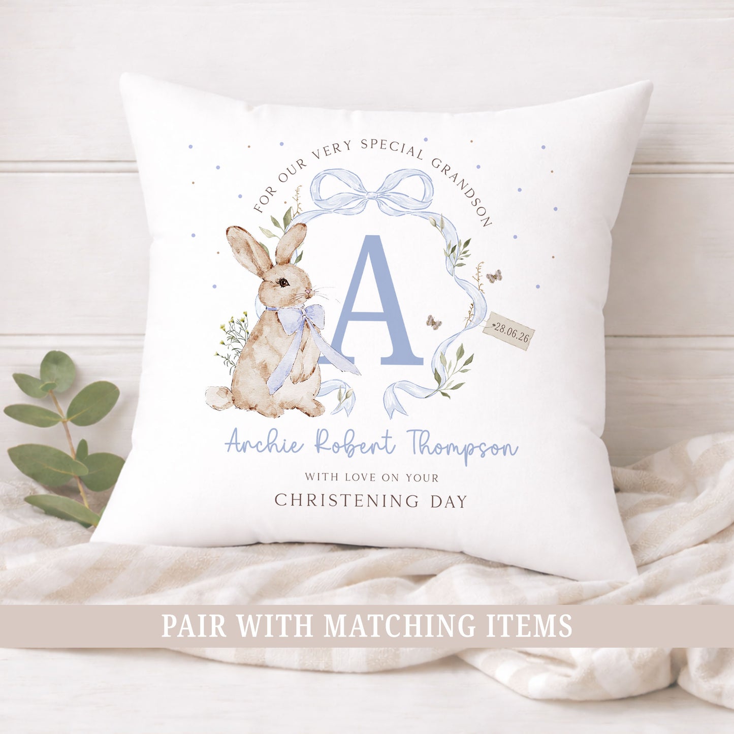 Personalised Blue Bunny Christening Baptism Cushion