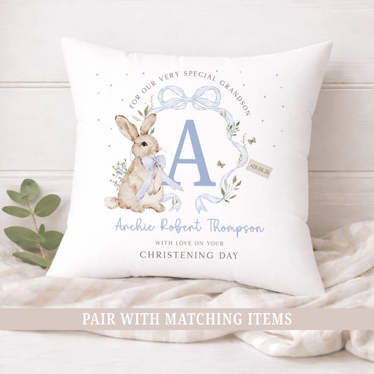 Personalised Blue Bunny Christening Baptism Cushion