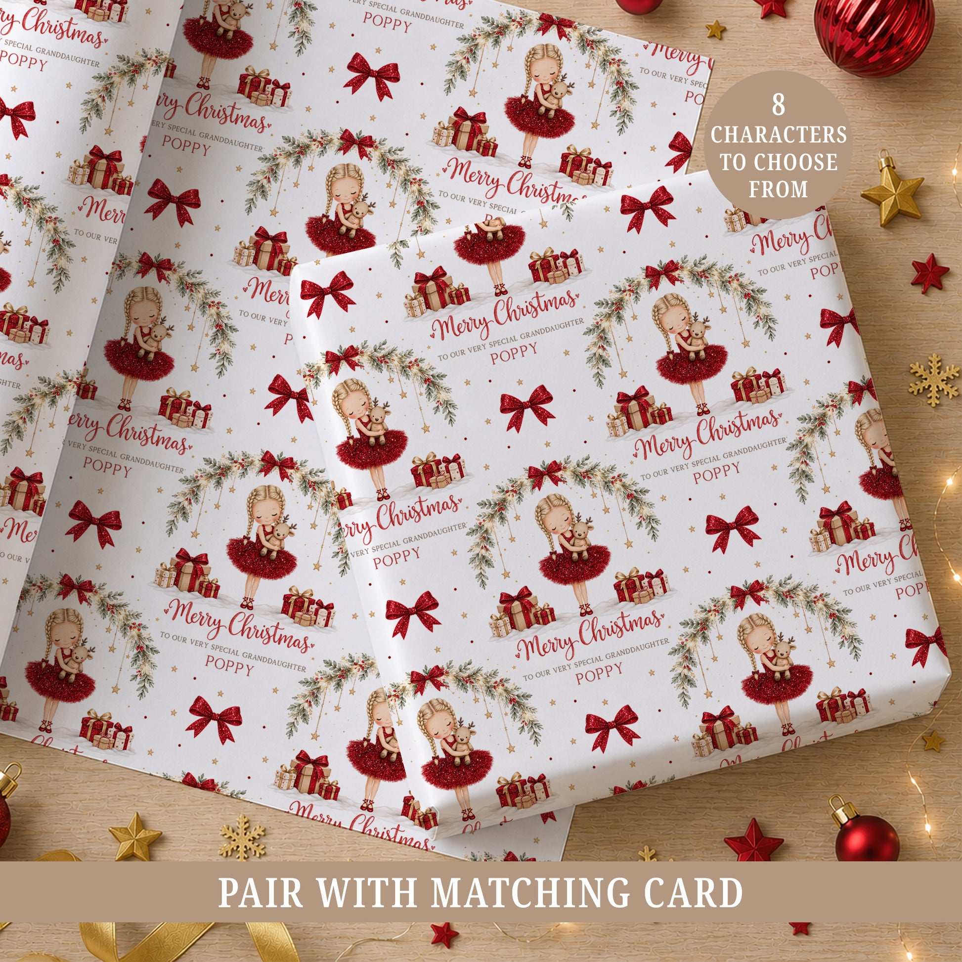 Personalised girls Christmas wrapping paper featuring a little ballerina in a red printed glitter-effect dress holding a reindeer, with red bows, festive greenery and gifts.