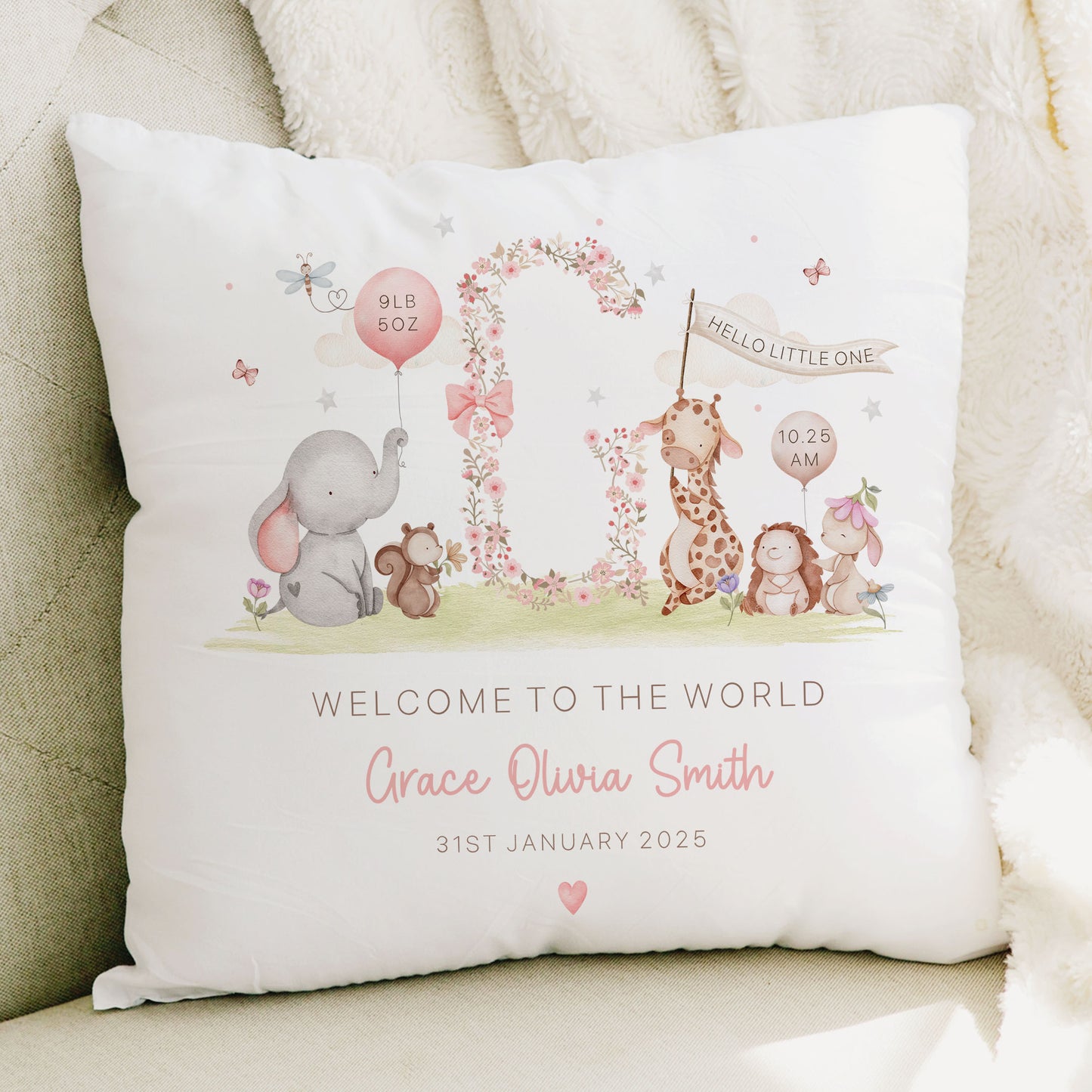 Personalised New Baby Girl Cushion