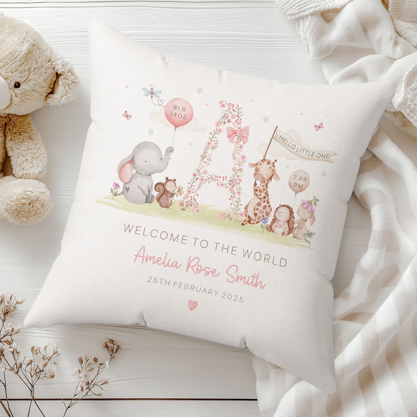 Personalised New Baby Girl Cushion