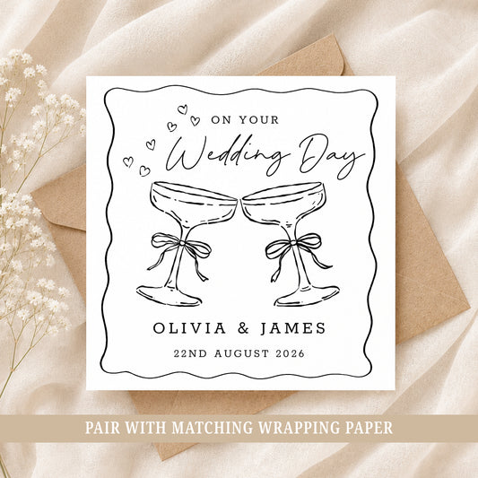 Personalised wedding card featuring two champagne glasses with names and wedding date