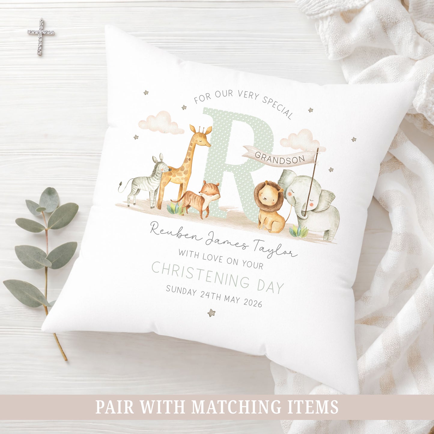 Personalised Green Safari Animals Christening Baptism Cushion