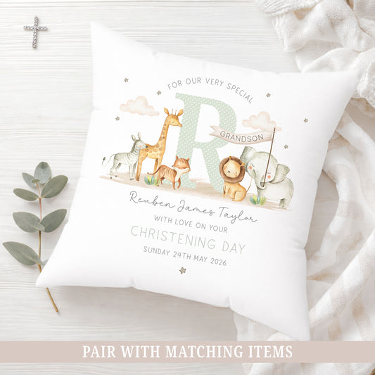 Personalised Green Safari Animals Christening Baptism Cushion