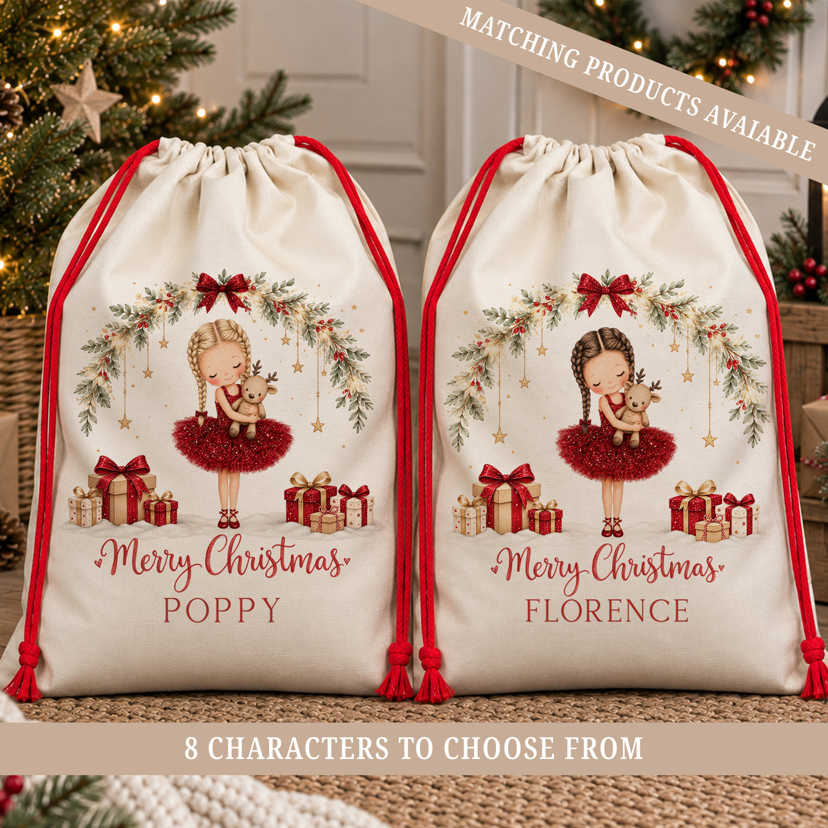 Personalised Christmas sack for girls featuring a ballerina in a red dress holding a little reindeer, surrounded by Christmas greenery, hanging gold stars and wrapped presents. Personalised with her name beneath the Merry Christmas wording, with 8 different ballerina characters available to choose from.