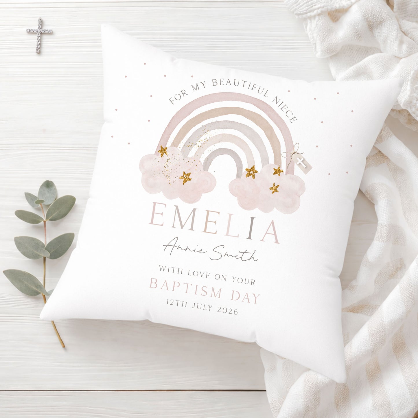 Personalised Pink Rainbow Christening Baptism Cushion