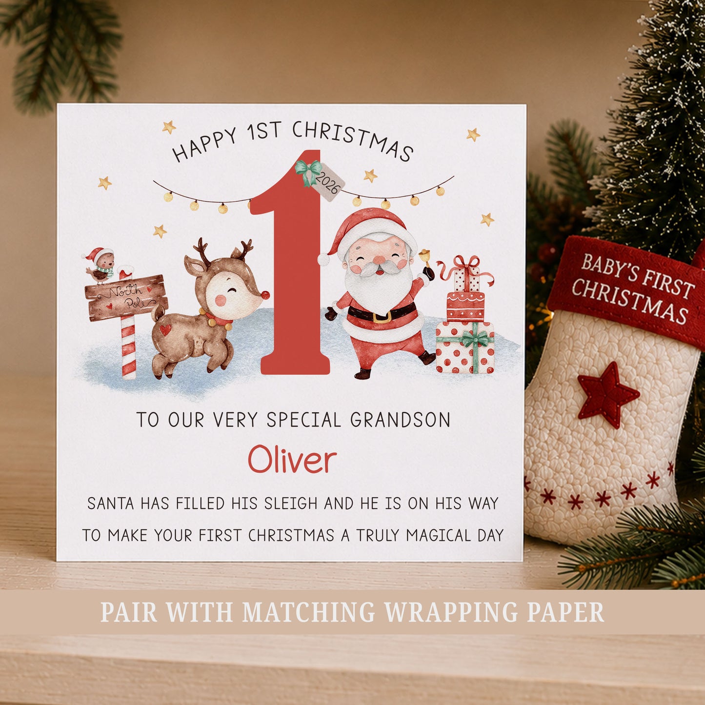Personalised First Christmas card for Grandson with Santa, reindeer and large number one, customised with his name.