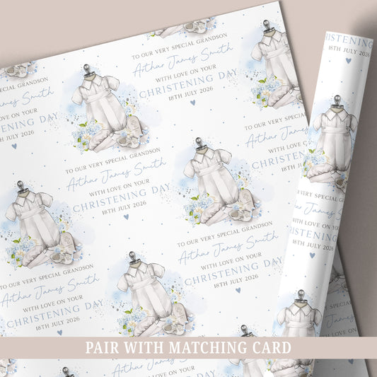 Personalised Boy's Blue Christening Baptism Day Wrapping Paper