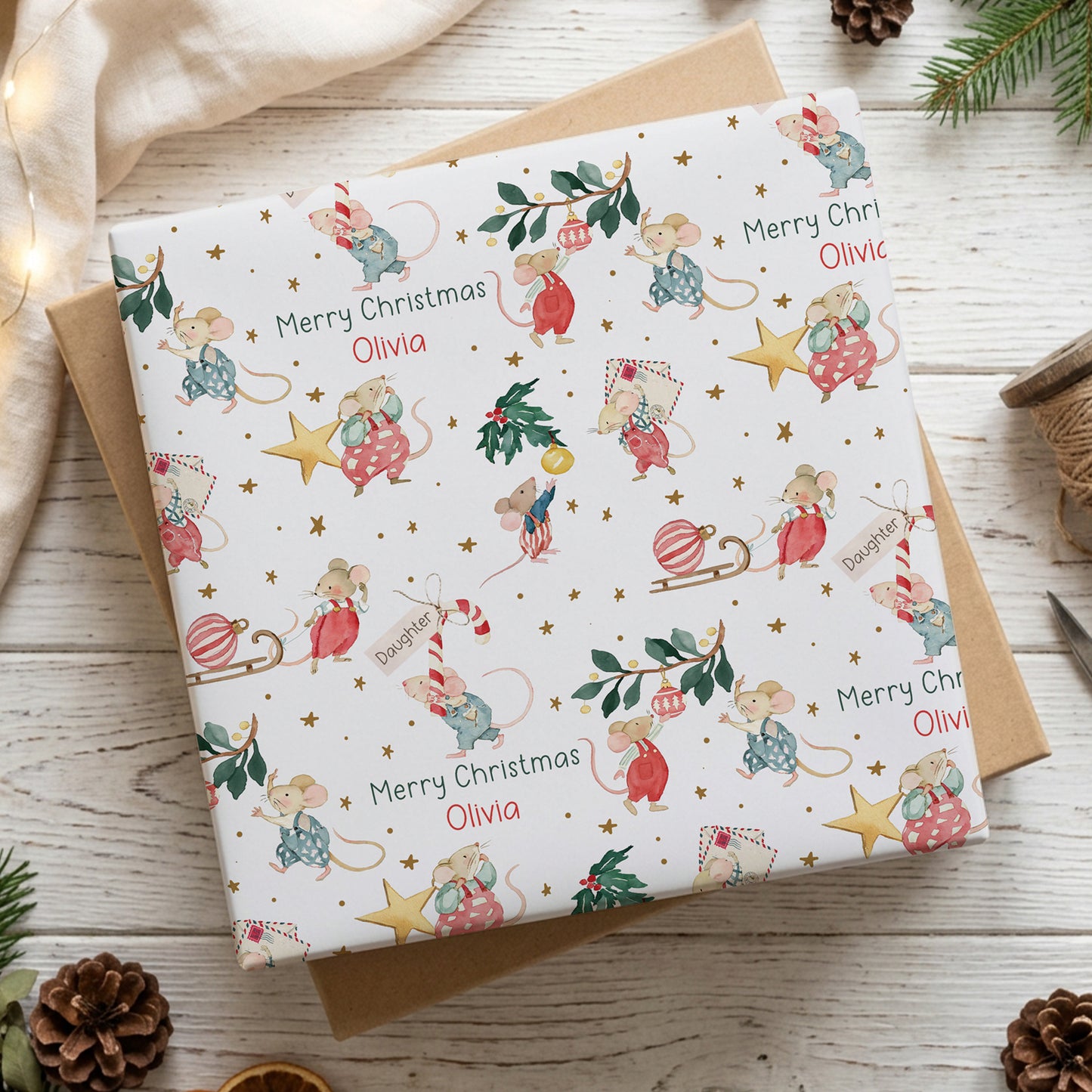 Personalised Christmas Wrapping Paper with Festive Mice