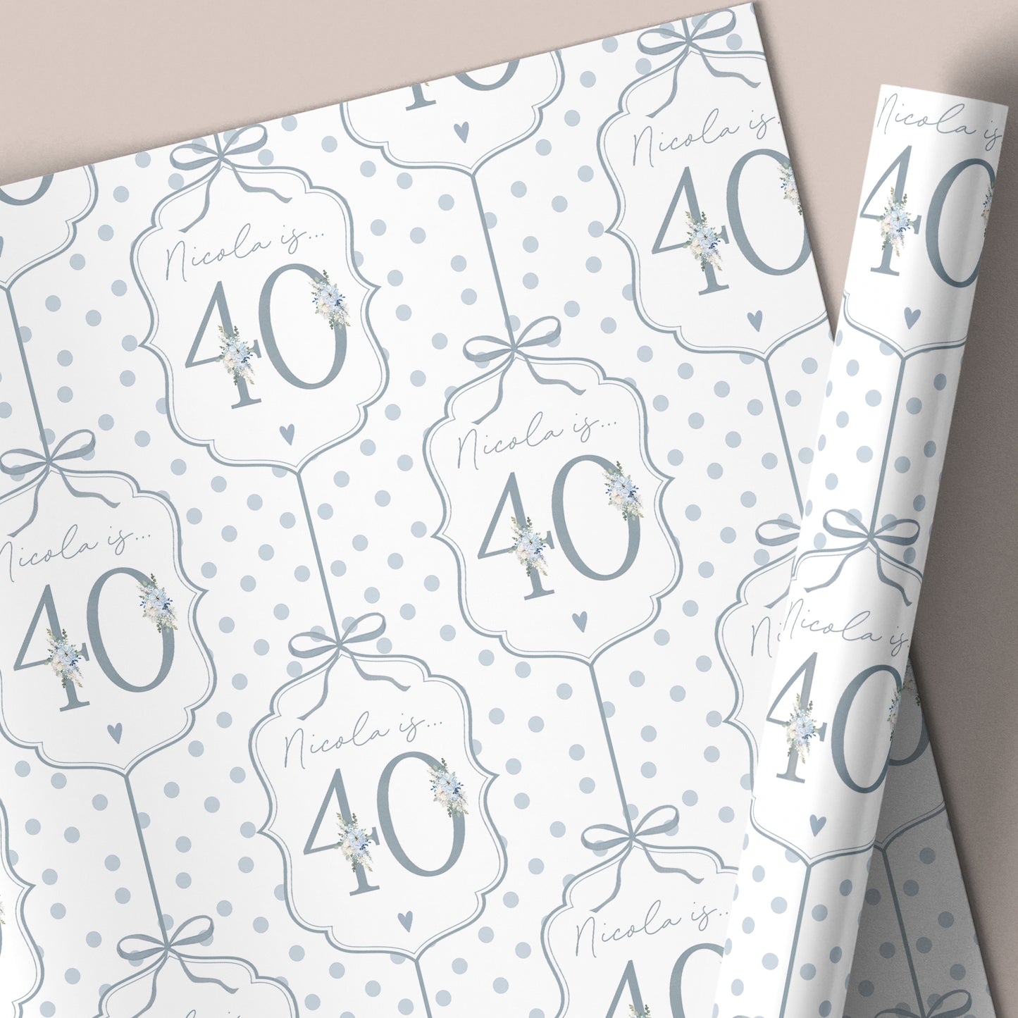 Personalised 40th Birthday Blue Floral Number Wrapping Paper