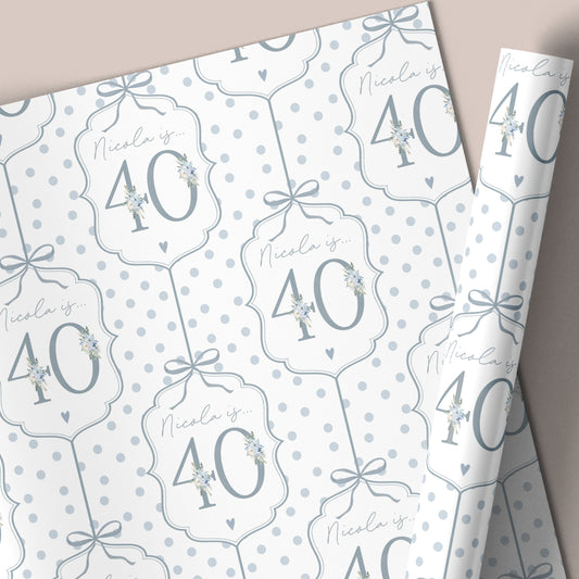 Personalised 40th Birthday Blue Floral Number Wrapping Paper