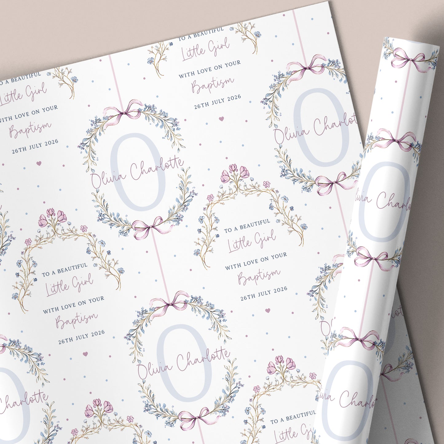Personalised Girl's Christening Baptism Naming Day Floral Wreath Wrapping Paper