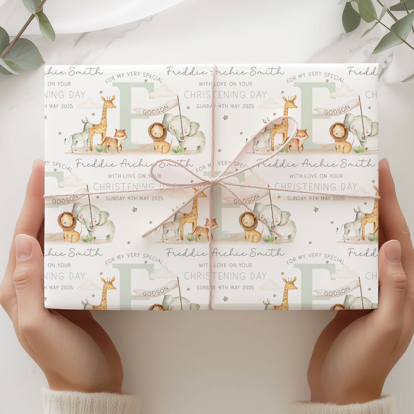Personalised Green Safari Christening Naming Day Wrapping Paper