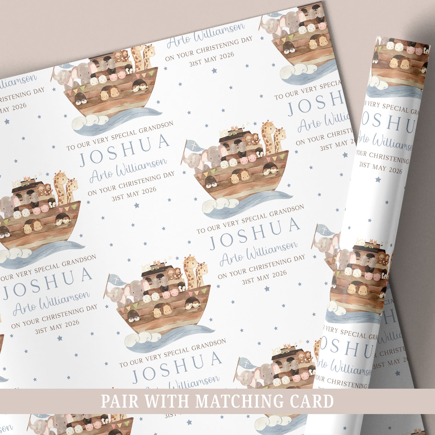 Personalised Noah's Ark Christening Baptism Day Wrapping Paper