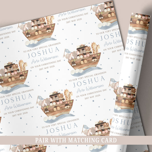 Personalised Noah's Ark Christening Baptism Day Wrapping Paper